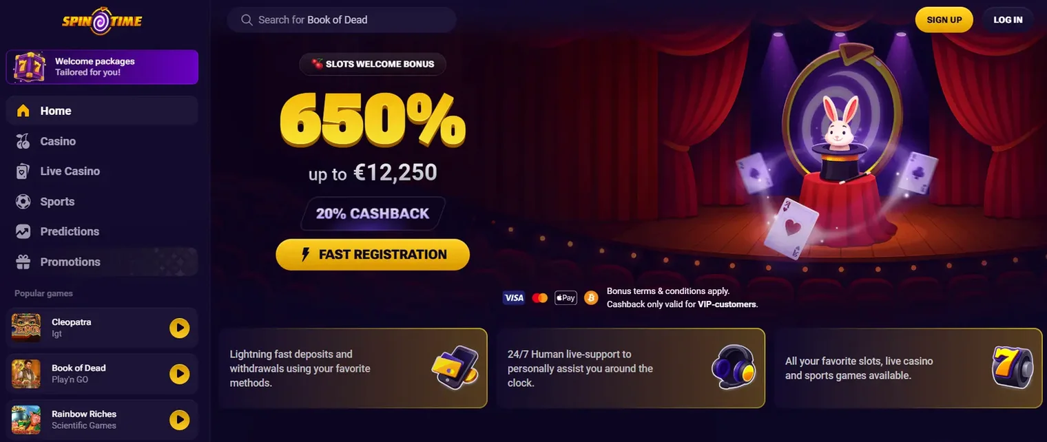 SpinTime Casino — 650% up to £12,256